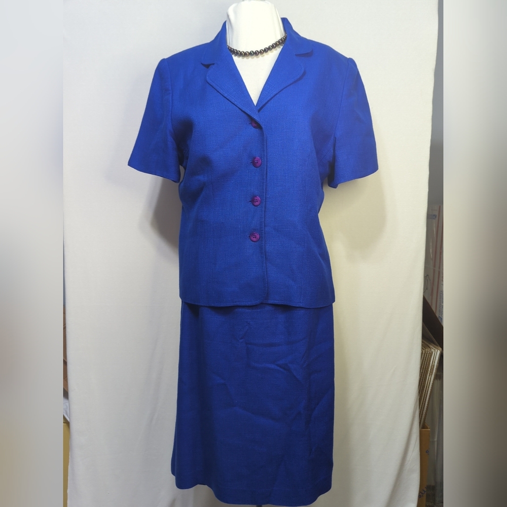 Cross Country Vtg Ladies Royal Blue 2 Piece Skirt Suit Size 12 Shoulder Pads 454